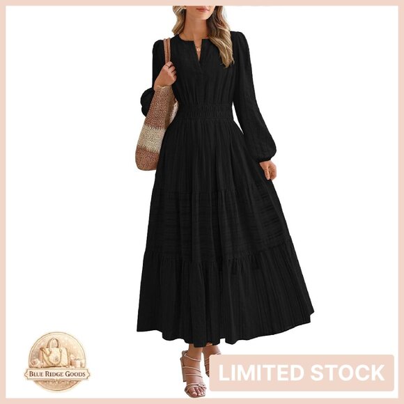 floral chiffon wedding guest dress MissJophiel Long Puff Sleeves V Neck Floral Chiffon Black Evening Gown Wedding Guest Dress Black Floral / Tea Length / US2 main image 0